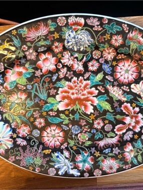 Vintage Floral Platter and Bowl in Black with Pink & Green Flowers China Made